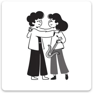 Two musicians of the same gender giving each other a friendly side hug, professional greeting, fraternal embrace, smiling, musical instruments nearby, colleagues congratulating each other sticker