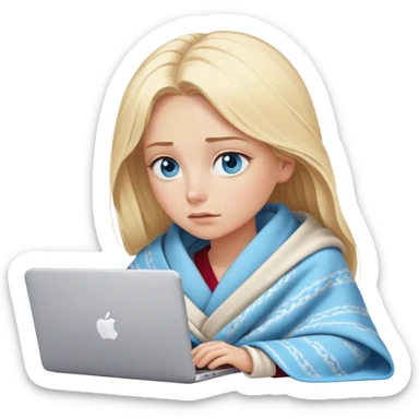 blonde woman with blue eyes and blonde hair Wrapped in a blanket looking at a computer with eyes half shut sticker
