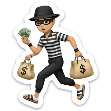 Make a man wear a black pant and he shirt is balck line and white line and wear a black hat and he holding a money bag and he running he wear a black eye thing no money in the Left hand and he yellow and the money bag in the right he wear a flip flop like this is Money bag 💰 sticker