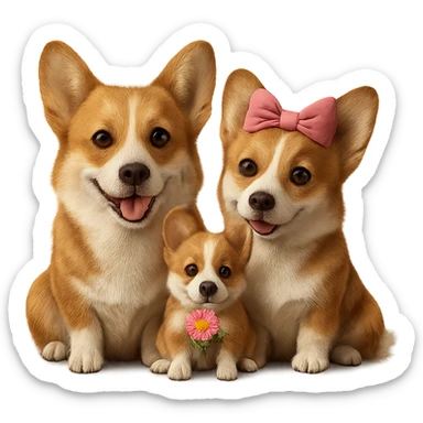 Make the corgi family just a little more realistic while keeping the 3D emoji style. Transparent background. sticker