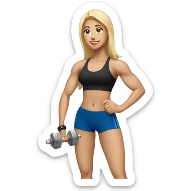 blonde woman working out with a black tank top and a blue shorts holding a dumbbell sticker