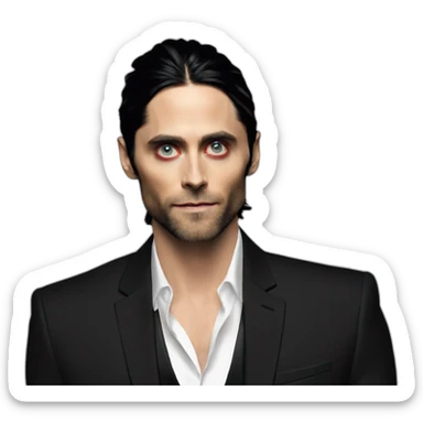 Jared Leto in a black suit black hair red eyes sticker