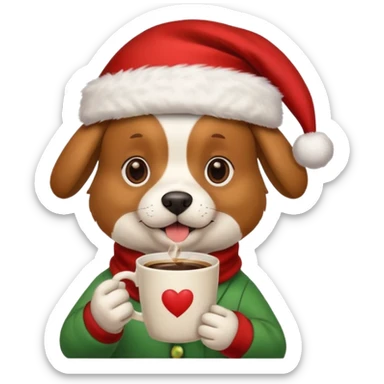 Un perro con un sombrero de Navidad que tenga una taza de café en la mano sticker