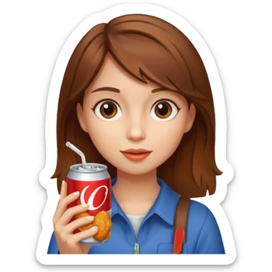 brown hair girl eating with mouth on the chicken nugget and holding a soda can sticker