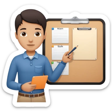 Minimalistic flat vector icon, iOS style, thin black contour on white background. Person silhouette with a project board (kanban/task board) behind. No text, no shadows.
 sticker