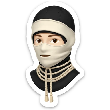 Deconstructed off-white balaclava with frayed layers, rope tassels, subtle embroidery. Studio photo, white bg, soft light. Streetwear luxury style.
 sticker