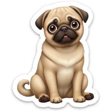 detailed-[pug]-realistic-full-body-sitting-emoji,-tail-resting-loosely-beside-its-paws,-head-tilted-dramatically, -sleek-[fawn]-fur,-simplified-yet-realistic-focused-features,-highly-detailed,-glowing-with-an-almost-sarcastic-glow sticker