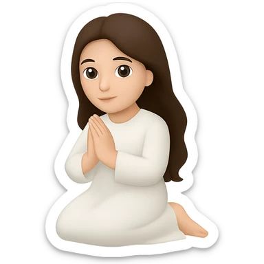 Change the dress to white robes, keep the woman kneeling and praying, long dark brown hair, in emoji style. Remove the background. sticker