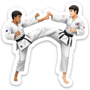 Two taekwondo fighters in a competition arena, one performing a high spinning kick towards the opponent’s head, while the other blocks with a precise guard. The background features a dynamic, bright arena with flags, emphasizing speed and agility in the martial art. Transparent background  sticker