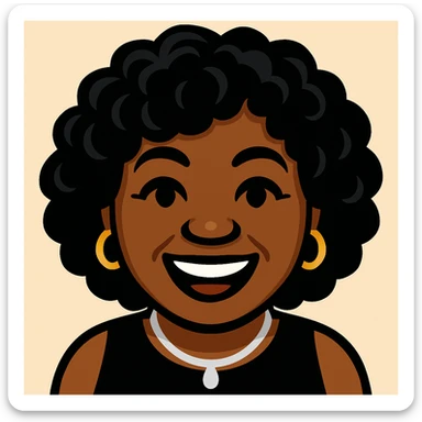 Create an emoji of this lady using a color palette of black, silver, gold, and white. Capture her joyful expression and hairstyle. Outfit and accessories should use only these colors, in a vibrant toon style. sticker