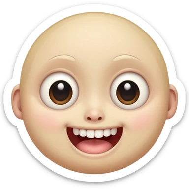 a creepy face with huge eyes and a big grin, kawaii, cute, soft, huge eyes, round mouth, mama sticker