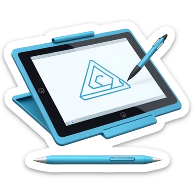 Create an emoji for 3D visualization and modeling. Show a large graphic tablet with a stylus drawing in a 3D modeling program. The 3D model on the screen should appear to protrude out of the screen. Use modern, professional colors. Make the background transparent. sticker