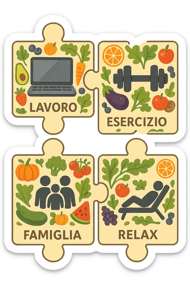 Puzzle (Lavoro, Esercizio, Famiglia, Relax), in lavoro metti icona di un PC, in Esercizio un Manubrio, in Famiglia una famiglia, in Relax qualcuno che riposa and healthy foods are integrated into each piece. in italiano sticker