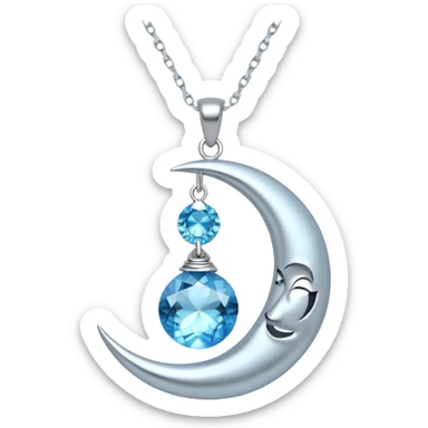 Silvery silver moon necklace with a light-blue crystal hanging attached necklace   sticker
