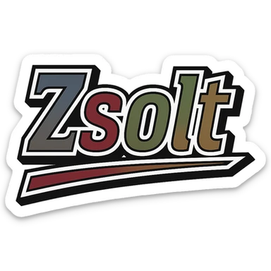 Text image of the name 'Zsolt' in a masculine, modern font with gradient colors including blue, gray, burgundy, green, and brown. The text has precise Hungarian characters, a dark contour, extra thick and prominent white letter border, dynamic slanted underline. Image size 1000x1000 px, PNG format, transparent background. sticker