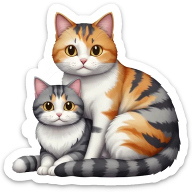 full body colourful light patched calico + white tabby cat cuddling a bigger cat that is dark grey and white tabby cat  sticker