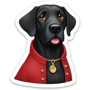 Old black Labrador wearing a red coat sticker