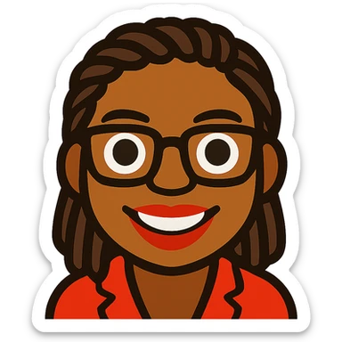 headshot emoji of Kemi Badenoch, with glasses and braided hair, standing, cartoon style, transparent background sticker