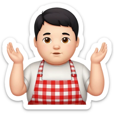 chubby boy with black hair styled upward in front, wearing a red and white checkered plaid apron sticker