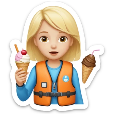 girl blonde kid wearing lifejacket, eating ice cream sticker