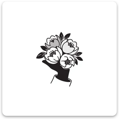 a bouquet of peonies with lush petals and leaves, held in a hand, in pastel colors dd9fb0 ffc6d3 a3bfc9 c4bee2 f1b091 sticker