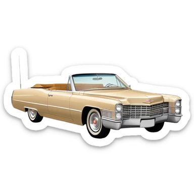 Minimalist beige 1966 Cadillac DeVille, simplified clean lines, 30-degree view, reduced details, essential features only, iconic silhouette, Once Upon a Hollywood inspired, iOS emoji style sticker