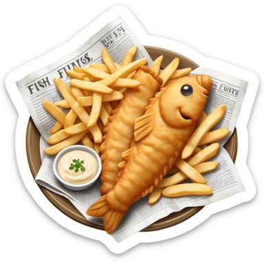 Fish and Chips Cinematic Realistic Fish and Chips Dish Emoji, depicted as a crispy battered fish fillet and golden chips served in traditional newspaper wrapping, rendered with lifelike textures and warm natural lighting that captures its iconic British street food charm  . sticker