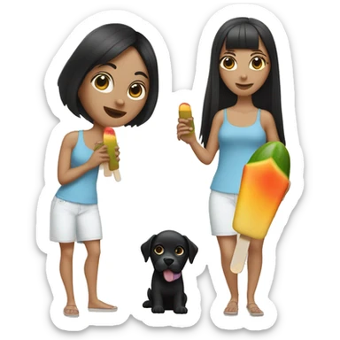 A white woman with long straight black hair, brown eyes, holding a black dog and a mango flavored ice popsicle in the other hand  sticker