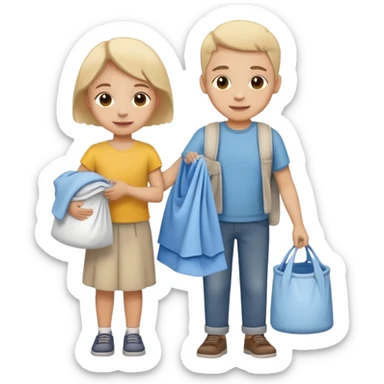 child carrying laundry with a parent, happy and responsible sticker