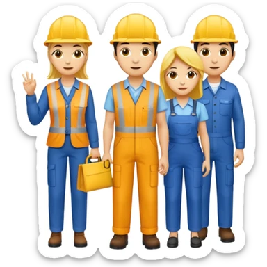 4 people, two man and two women,yellow skin, work style sticker