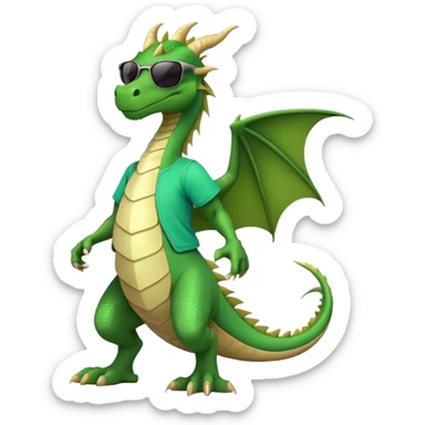 friendly anthropomorphised green dragon in a sports t-shirt and jeans with dark sunglasses walking upright, relaxed pose sticker