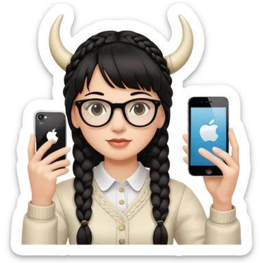 Black hair is braided to one side, braided to the left, and full bangs, wearing horn-rimmed glasses, holding an iPhone white color and taking a mirror selfie so that Apple logo comes out sticker