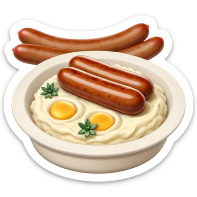 Cinematic Realistic Bangers and Mash Dish Emoji, featuring succulent pork sausages paired with creamy mashed potatoes rendered with detailed textures and natural highlights that emphasize its robust, hearty flavor. sticker