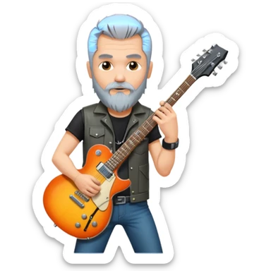 a short grey hair, with long side beard shop, middle age metal head with a classic epiphone eletric guitar sticker