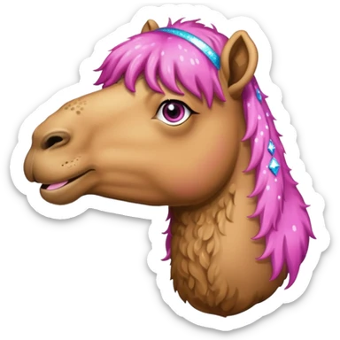 Camel with toes on his hoofs and pink beard that comes out of his chin with sparkle eyes facing forward sticker
