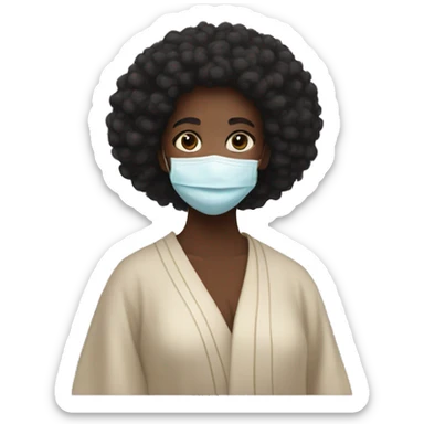 A black girl with a robe and face mask with an afro sticker