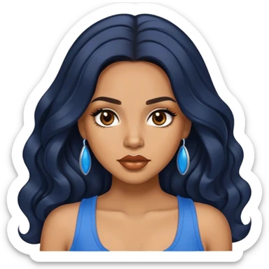 light brown skin tone, very beautiful woman, with big plump lips, long long lashes, black long wavy hair, middle hair parting, brown eyes, blue tank top sticker