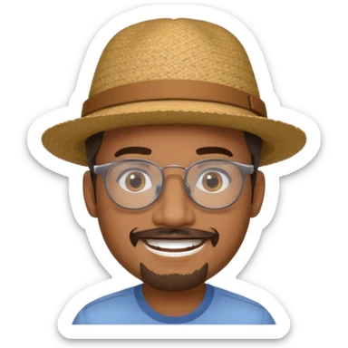 Brown man smiling no teeth showing with hat, clear glasses and goatee sticker
