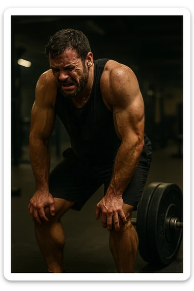 Uomo in palestra durante un allenamento, piegato su sé stesso con le mani sulle ginocchia, sudato, visibilmente esausto. Ha un'espressione di frustrazione e affaticamento estremo. Pesi pesanti accanto a lui, atmosfera intensa, luci soffuse. Il corpo mostra segni di sforzo eccessivo e accumulo di fatica. in italiano sticker