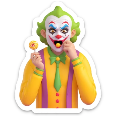 very ugly joker wearing a yellow jersey, crying and eating a lollipop, expressive and humorous sticker
