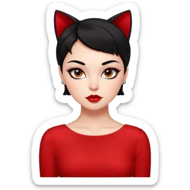 Chica Otaku con delineado gatita con vestido rojo y pelo corto negro súper sexy sticker