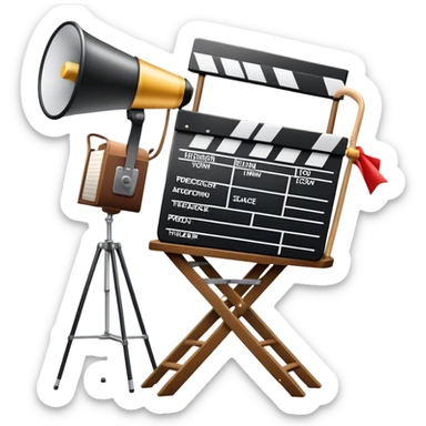Icon for Directing: a director's chair, a film slate, a megaphone, and a stage set with lights. The icon should represent the creative and leadership aspects of directing, with focus on film and theater production. Transparent background. sticker
