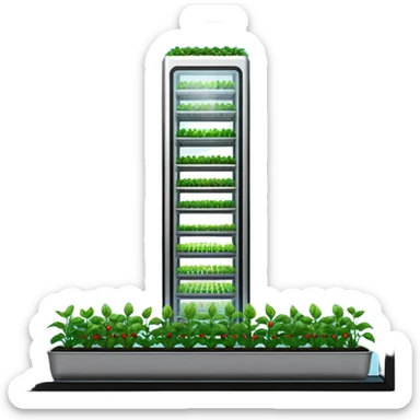 Vertical farm inside a towering skyscraper, with various crops growing in a hydroponic system under LED lights, viewed through a large window overlooking a futuristic city. sticker