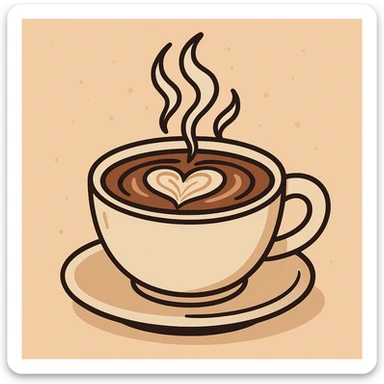 steaming cup of coffee with latte art, modern flat illustration style, minimal shading, clean lines sticker