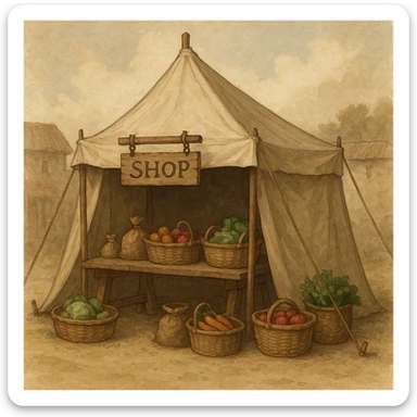 a simple medieval tent shop, beige canvas, wooden sign, baskets of produce, rustic market scene sticker