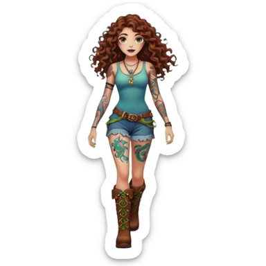 full body view of a woman with long curly brown hair, brown eyes, white skin, tattoos, walking forward through psychedelic fog, glowing vines wrapping around her boots sticker
