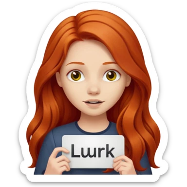 Long haired redhead holding a LURK sign sticker
