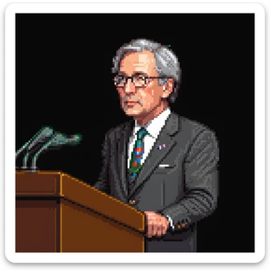 a SNES box art image of a man who looks like a fiftysomething distinguished american politician, standing and speaking emphatically at a podeum. cutscene graphic - 3/4 side perspective sticker