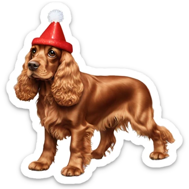 A full-length, adult, red cocker spaniel in a New Year's cap sticker