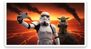 Starwars stormtroopers vlogging selfie, he is walking on lava planet with yoda sticker